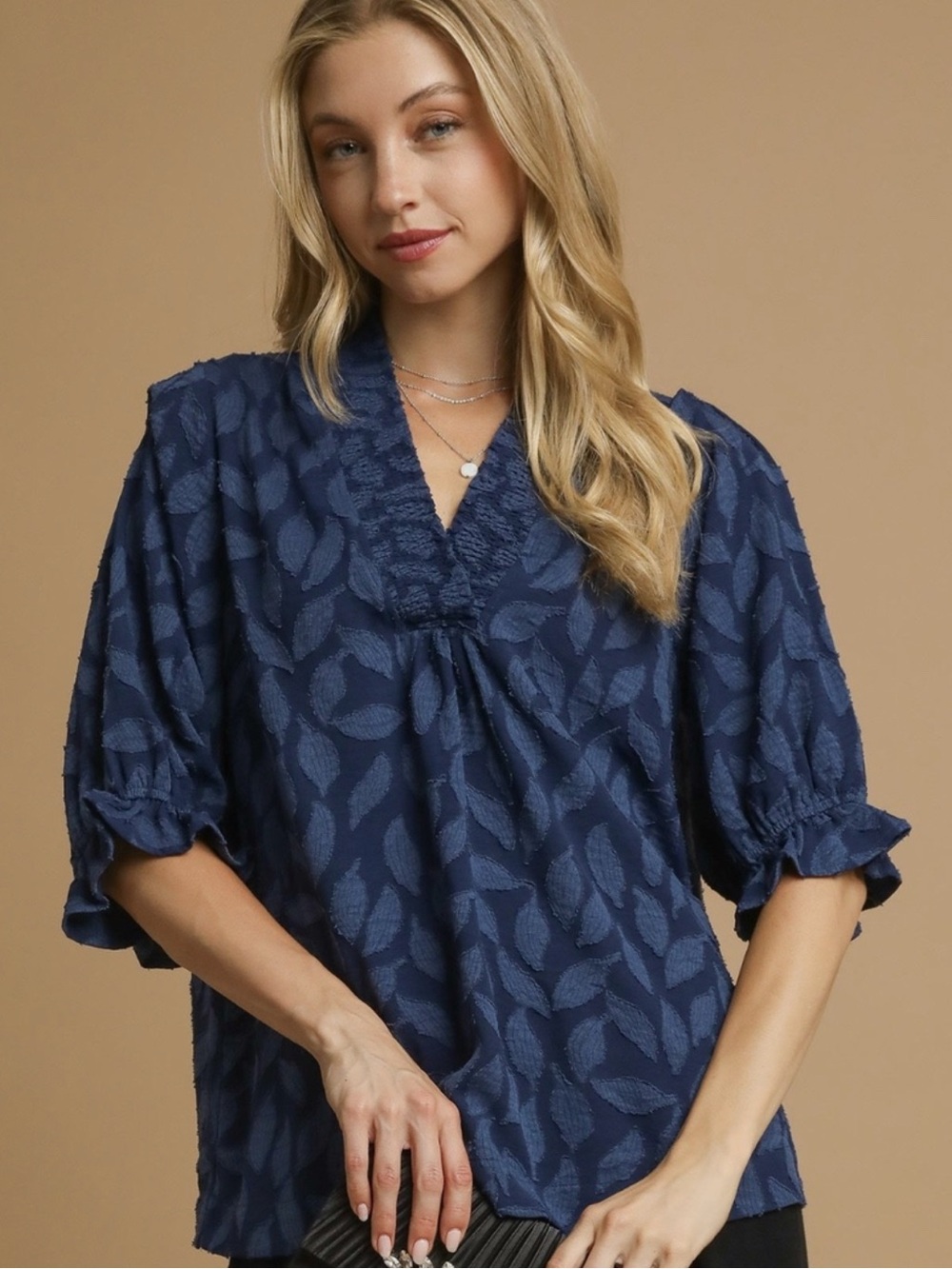 Umgee Women's Navy Blue Leaf-Textured V-Neck Blouse